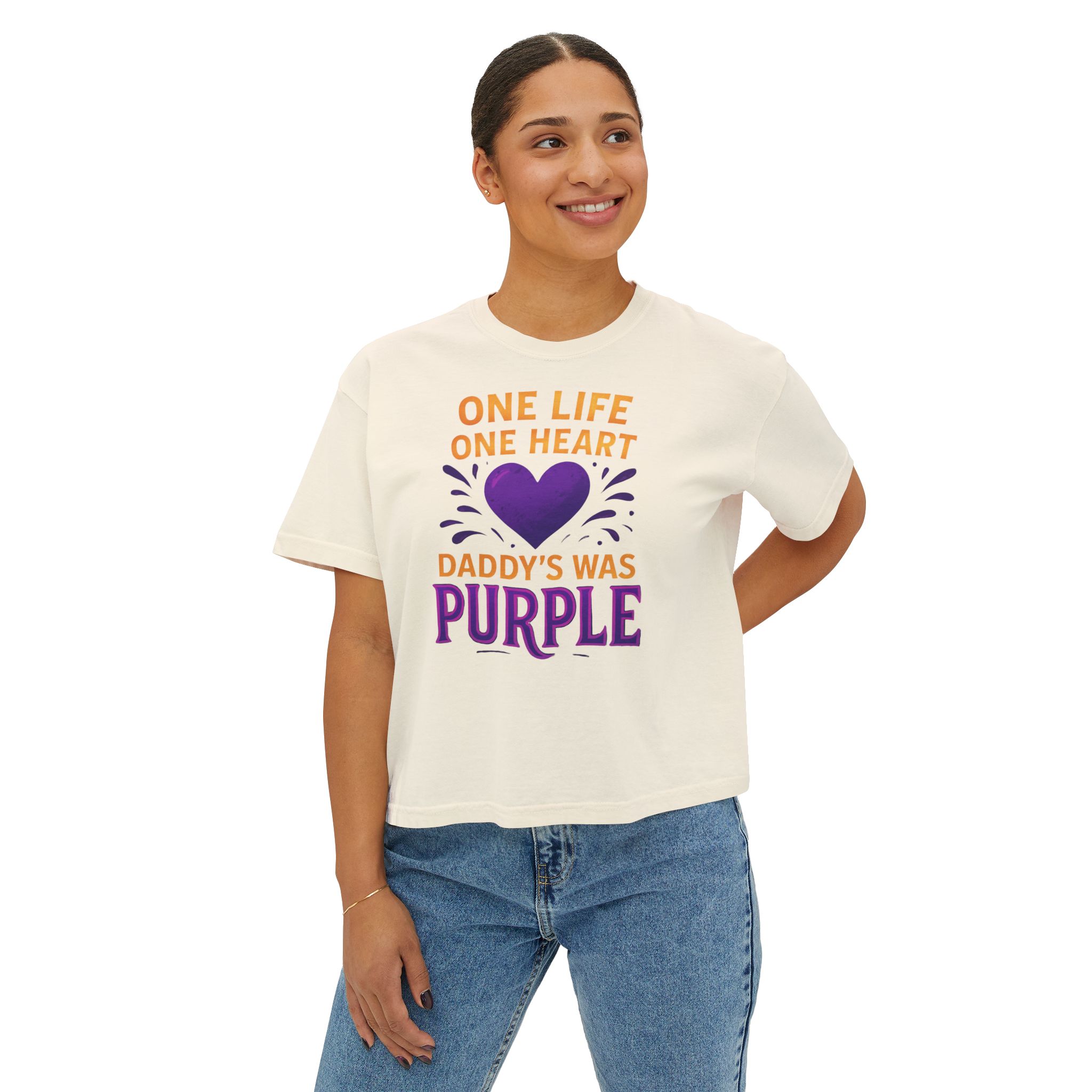 Heartfelt Purple Women's Boxy Tee, Casual Gift, Memorial Day, Soft Cotton T-Shirt, Summer Style, Loving Tribute - Image 3